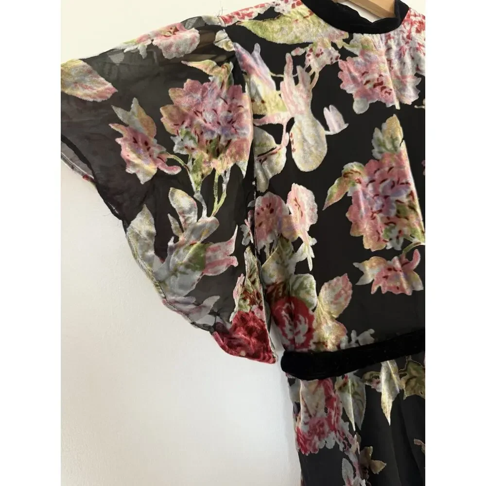 ZARA Devore Floral Burnout Velvet Mini Dress Tie Waist XS Whimsigoth Romantic - Picture 4 of 15